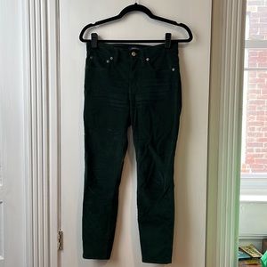 Dark green velvet JCrew pants, slim jeans-style fitting, 26 petite.